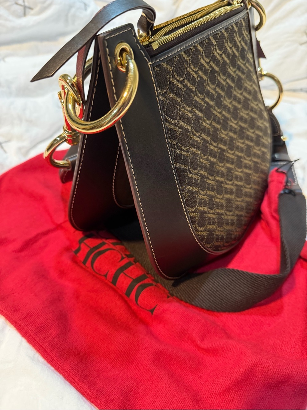Carolina Herrera Dark Brown Monogram Castanuela Bag - Picture 15 of 17